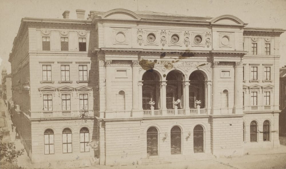 The Franz Josef Theater in Timișoara, photographed around 1880, four years before the city switched on all 731 of its street lamps.