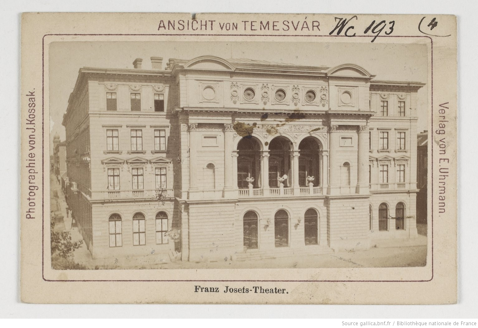 Cabinet-card photograph of the Franz Josef Theater in Timișoara, taken around 1880